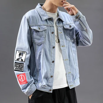 Pánske modré, čierne odznak denim jacket bežné hip-hop trend tlač ulici umyl jeans bunda pánske kabát 4XL 5XL