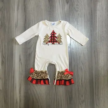 GirlyMax Zimné Dievčatká Vianočný Stromček Tlač Romper Dieťa Batoľa Béžová Oblečenie