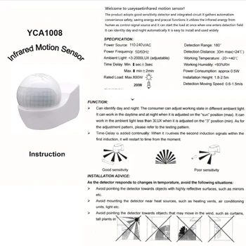 Snímač pohybu 110v~230v Detektor Pohybu Automatické Infračervené PIR Snímač 180 Stupňov Otáčanie Vonkajšie Časovač zapnutie Svetla