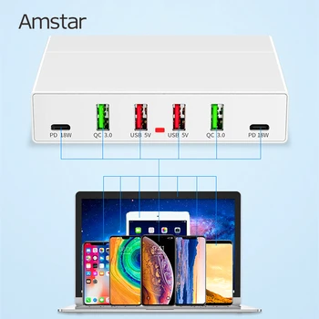 Amstar 72W 6-Port USB Nabíjačka, Rýchle Nabíjanie 3.0 Dual USB C PD Nabíjačka pre iPhone 11 Pro XS XR X Samsung 10 10+ 9 Huawei Xiao