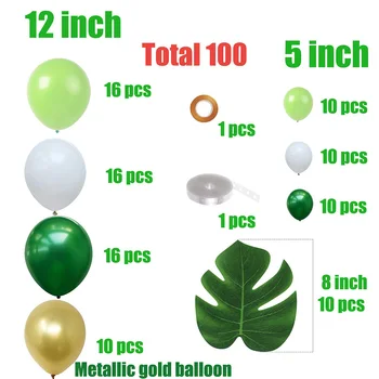 Jungle Party Balón Garland Kit - Kovové Zlato Zelená Biela Latexové Balóny s Palmového Lístia.100 Počítať