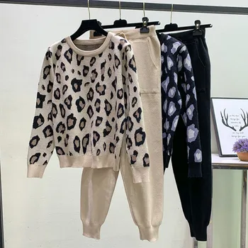 2020 Nová móda Jeseň Zima Žien Vyhovuje Leopard Pletené O-Farby, Pulóver Sveter a Nohavice Dvoch Dielna Sada