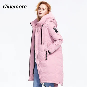 CINEMORE 2020 Zimné nový príchod ženy nadol bunda s kapucňou top hrubé bavlna farba módne dlhé ženy kabát na zimu