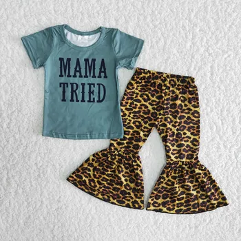 Veľkoobchod, Baby, Dievčatá Boutique Oblečenie Detí, Krátky Rukáv, Modrá Mama Tričko Leopard Bell Dnom Nohavice Deti, Módne Súpravy