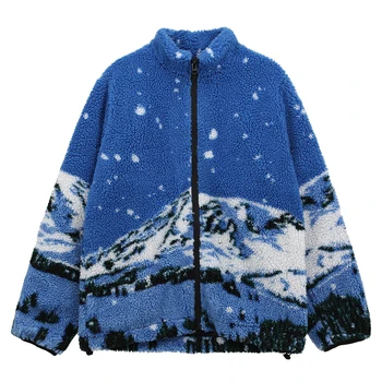 Hip Hop Ovčej Vlny Sherpa Jacket Mens Streetwear Sneh Na Horských Tlač Cardigan Coats 2020 Zimné Harajuku Voľné Pár Coats Modrá