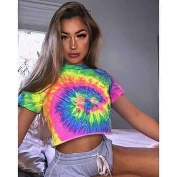 Ženy Gradient tie-Dye Vytlačené Plodín Top Bežné Ulici O-Krku Krátke Sleeve Tee tričko 2020 Letné Módy Hip Hop Mini T-Shirt