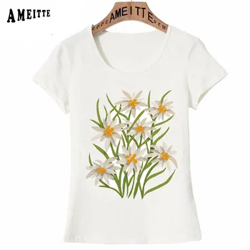 AMEITTE Lete Ženy t-shirt Krásne Edelweiss kvety Tlače T-Shirt Roztomilý Kvet Dizajn Jednoduché, Bežné Elegantné Topy Žena Tees