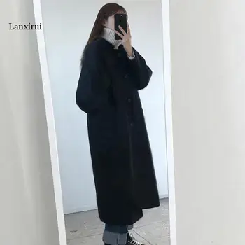 Kórejská verzia Ženy Vlnené Sako Módne Zimné Nové Stredne Dlhý Farbou Žena Elegantné Voľné kabát