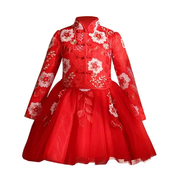 Dievčatá vyšívané Šaty Čínsky štýl, Deti dlhým rukávom Cheongsam šaty Pre dievča, Party, Narodeniny Boutique Dieťa kostým 3 8 12Year