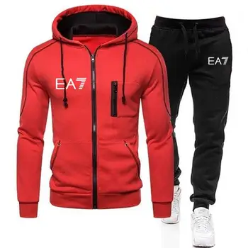 Ea7 nové športové značky, pánske oblek na zips s kapucňou, ležérne športové oblečenie na jeseň a v zime teplý plus Kabát pánske oblečenie