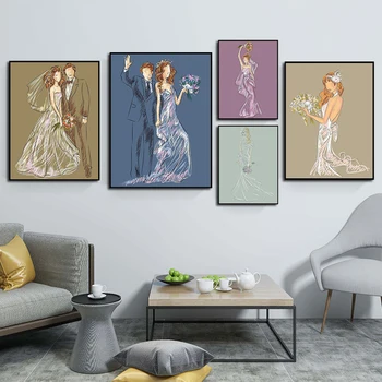 Ženích Dievča, Ružová Ruža Svadobné Šaty Nástenné Plátno Na Maľovanie Nordic Plagáty A Potlačou Obrazov Na Stenu Pre Obývacia Izba Domova