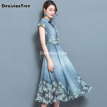 2021 elegantné qipao šaty čínske šaty cheongsam šifón vintage kvetina tlače ženy qipao vestidos cheongsam orientálne šaty