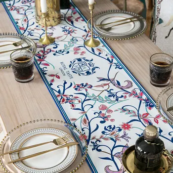 DUNXDECO Strapec Stôl Runner Strán Dlhý Stôl Kryt Textílie Moderné Luxusné Trávy Víno Royal Chuť Tlač Stôl Zdobenie Textilu