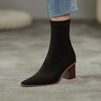 Ženy Topánky hot predaj bežné fashion Square hlavu hrubé elastické Lady kórejský 7 cm vysoké podpätky Ženy Topánky Chelsea topánky