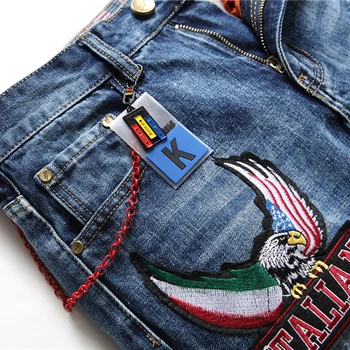 Pánske eagle hawk odznak patch dizajn, Módne džínsy vlajkou výšivky patchwork slim rovné denim nohavice