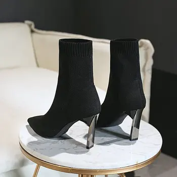 Topánky dámske jesenné zimné 2020 nové sexy vysoké podpätky ponožky, topánky poukázal pletené silné päty dámske topánky tenké elastické topánky