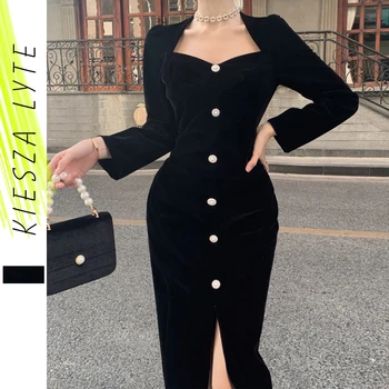 Luxusné Dámske Čierne Zamatové Šaty Audrey Hepburn Francúzsky Sexy Split Bodycon Šaty Strany Župan Femme Vestidos