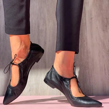 2020 Jeseň žena Topánky Ženy Módne Kože Nízke Námestie Podpätky Ukázal Prst Jeden Topánky Žena Bežné Krajky-up Black Plytké obuvi