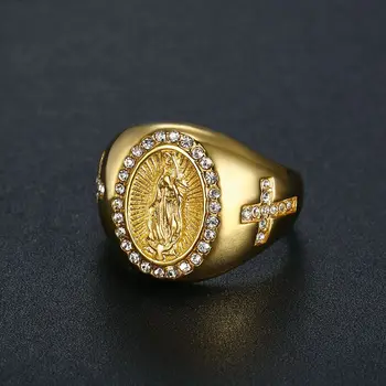 UUNICO Nehrdzavejúcej ocele Zlatý zlatý prsteň AAA zirkón krúžku kríž Katolíckej Panny Márie krúžok