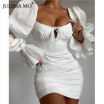 JULISSA MO Elegantné Lístkového Rukáv Bodycon Šaty Biele Sexy Backless Ruched Šaty Žien Letnej Noci Strany Krátke Vestidos 2020