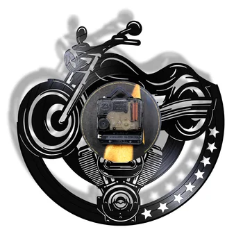 Záznam Nástenné Hodiny Vinyl Nástenné Hodiny Garáž Motocykel Vinyl Hodiny Motorbiker Muž Jaskyňa Workshop Sledovať Wandklok s LED Podsvietením