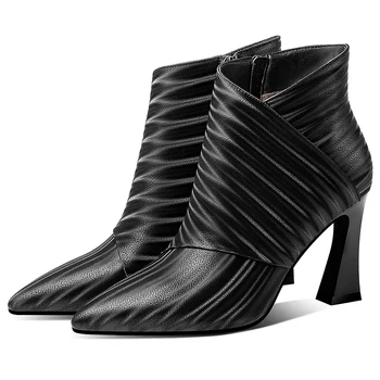 MORAZORA 2020 Nový príchod Originálne kožené topánky hrubé vysoké podpätky ukázal prst členková obuv jeseň zima ženy topánky čierne