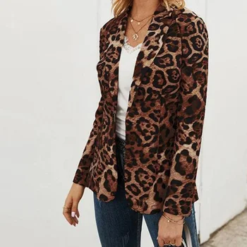 Jeseň Žien Leopard Tlač Bunda Žien Stredná Dĺžka Tenké Slim Coats Outwear Jediného Tlačidla Dlhý Rukáv Oblek Dámy