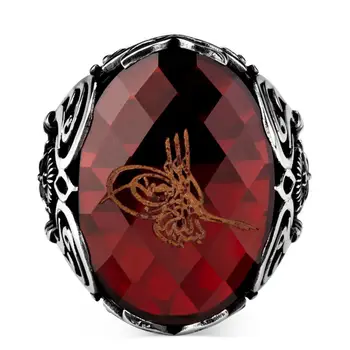 Strieborné Pánske Osmanskej Tughra Prsteň s Červeným Zirkón Kameň Módne turecký Premium Kvalitné Ručné Jawelery