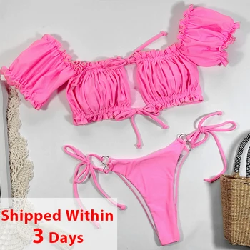 Prehrabla dva kusy bikini set Off ramenný plavky žena, plavky žena Ružová plávanie oblek pre ženy 2020 Sexy biquini nové