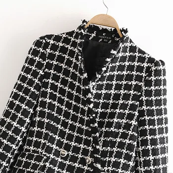 Vintage Tweed Koberčeky Bundy Ženy Móda Bežné V Krku Coats Elegantné Dámy Dvojité Breasted Vrchné Oblečenie