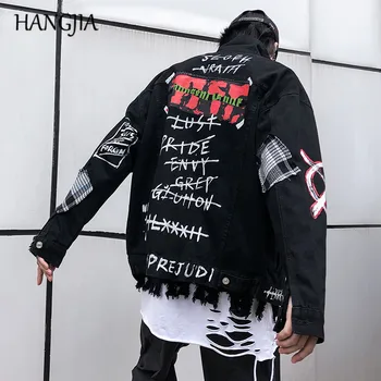 Black Graffiti Denim Jacket Mužov s Patchs Písmená Tlačené Bundy a Coats Jeseň a v Zime Núdzi Jeans Bundy 2019