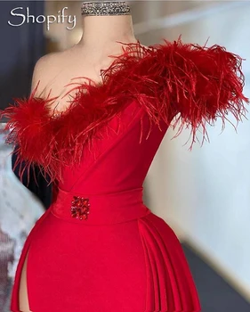 Červené Dlhé Večerné Šaty 2020 Vysokej Štrbinou Jedného Pleca Elegantné Pierko Dubaj Štýl Africkej Ženy Formálne Večerné Šaty