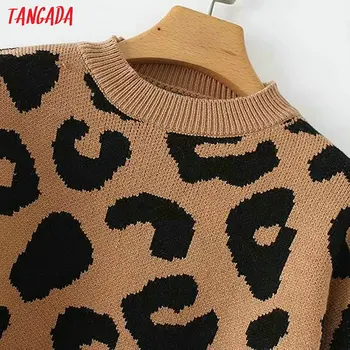 Tangada ženy leopard pletený sveter zimné zviera tlače zimné hrubé dlhý rukáv žena pulóvre bežné topy 2X05