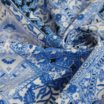 100 cm*145 Ťažké 19 momme Hodváb Bavlnená Tkanina Popelín Čínskych Etnických Modrá Biele