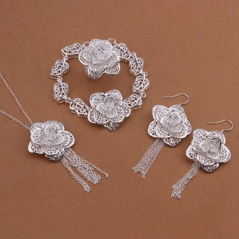 Pevné silver šperky kúzlo nádherné veľké kvety náhrdelník náramok Drop módne Náušnice Strieborné šperky Set farba