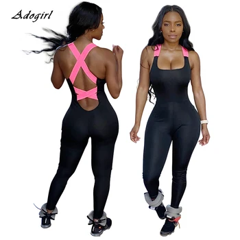 Adogirl Čierne Sexy Bodycon Remienky Ženy Jumpsuit Príležitostné Bez Rukávov Kombinézu Kríž Neon Popruh Backless Biker Krátke Telo Jumpsuit