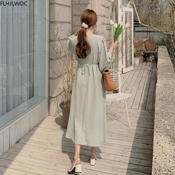 Roztomilý Kórejský Elegantný Módny Dizajn Oblečenie Vestidos Jeseň Dámske Dlhý Rukáv Elegantná Dáma V Krku Riadok Pevné Vintage Šaty 09242