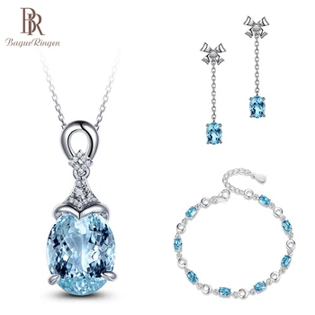 Bague Ringen Trendy 925 Sterling Silver Ženy Šperky Súpravy S Sapphire Kamene, Náušnice, Náramok, Náhrdelník Strany Dary
