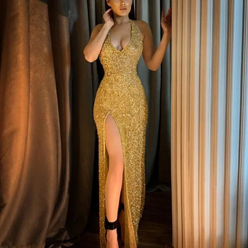Ženy Gold Glitter Iskrivý Maxi Sexy Šaty Bez Rukávov Vysokej Štrbinou Večierok Dlhé Šaty Vestidos