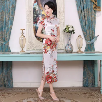 Biele Čínske Ženy Qipao Plus Veľkosť 3XL Vantage Tlač Kvet Cheongsam Škvrny, Dlhé Štíhle Elegantné Šaty Ženské Čínske Šaty