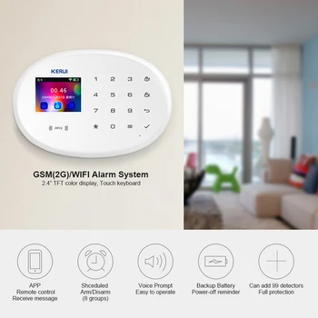 KERUI WIFI, GSM W20 RFID Karty Smart Home Security Alarm Systém 2.4-palcová Dotyková Klávesnica S Dverami Senzor Anti-pet Detektor Pohybu
