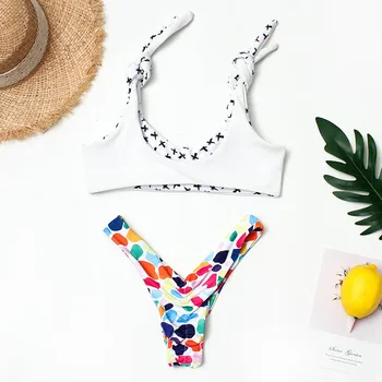 Sexy Biele Tlač Bikini Set 2019 Tangá Plavky Ženy Plavky Kravatu Ramenný Obväz Plavky Maillot De Bain Femme Bikiny