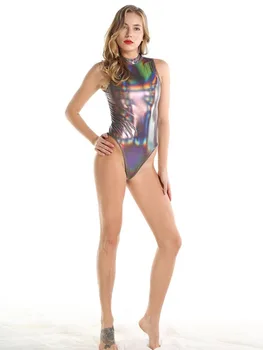 Sexy Ženy Faux Kožené Dúhové Kombinézu Lesk Vysoký Rez Kovové Holografické Trikot Jeden Kus Bikini Tanečné Nosiť Plavky