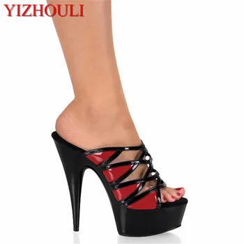 Nový 6 palcový s vysokým podpätkom sandále, módne lakovanej kože žien zmysel papuče,15 cm sexy fáze show papuče