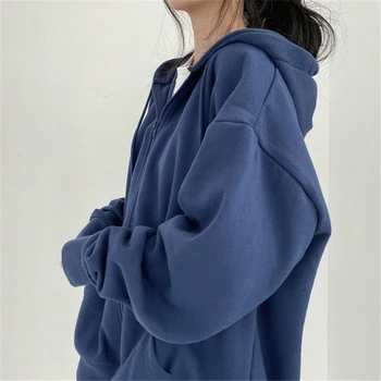Zimné dámske bundy mikina hrubé zips veľké vrecko mikina farbou srsti Harajuku kórejský voľné hoodie