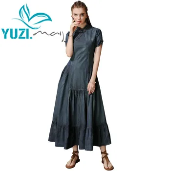Letné Šaty 2019 Yuzi.môže Boho Nové Denim Ženy Šaty Mandarin Golier, Krátky Rukáv Ročníka Prehrabať Lem Cheongsam Vestido A82161