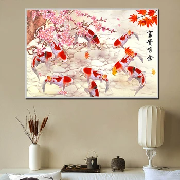 Koi Fish Slivkové Kvety Obrázky, olejomaľba na Plátne, Plagáty a Potlače Obrázok Pre Obývacia Izba Štúdia Dekorácie Unstretched