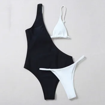2021 Najnovšie Letné Ženy Black White Tri Kus Bikini Set Push-Up Brazílske Plavky, plážové oblečenie Plavky maillot de bain femme