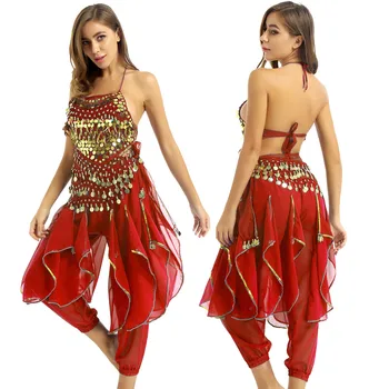 Ženy V Indii, Brušný Tanec Kostým Oblečenie Indický Tanec Výkon Oblečenie Plavky S Uväzovaním Za Krk Top S Hárem Nohavice A Hip Šatku Dancewear