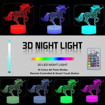 3D Jednorožec Nočného LED Optické Ilúzie Lampy Vzdialené Inteligentné stolná Lampa 16 Farieb Dekor Luminaria Lampara Dievčatá Xmas Party Darček
